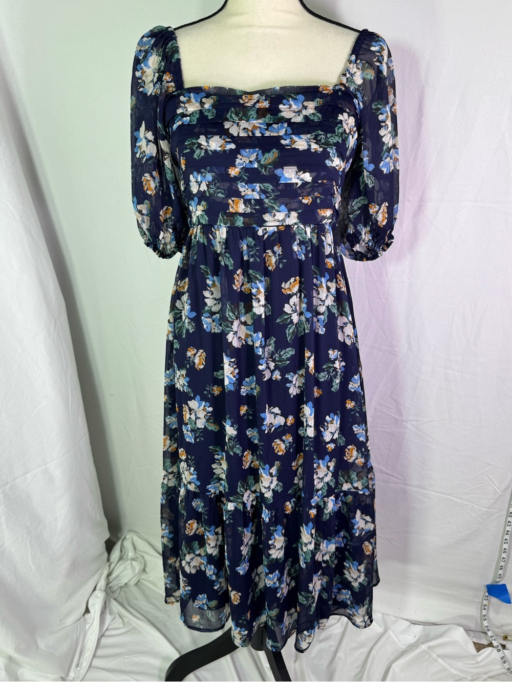 auren Conrad Navy Floral Midi Dress Puff Sleeve Cottagecore S